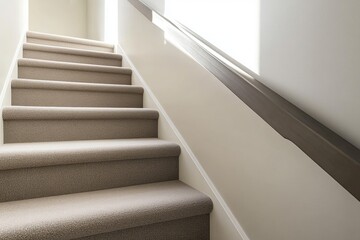 Obraz premium Carpeted indoor staircase with a wooden handrail on the right, leading to a bright, well-lit upper floor.