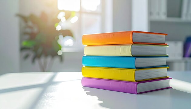 Colorful Stack of Books: A vibrant pile of five books on a white desk with warm sunlight and a blurred office background, symbolizing education and learning.