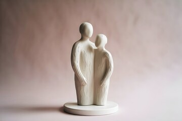 Minimalist white ceramic sculpture of two abstract figures embracing on circular base, modern art piece for home decor and relationship symbol