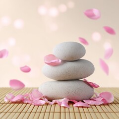 Zen garden serenity smooth stones stacked on bamboo mat with petals tranquil indoor setting soft focus