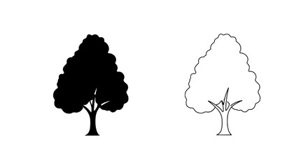 Monochrome Tree Icon: A simple graphic featuring a tree illustration in two styles: a solid black silhouette and a line art outline. 