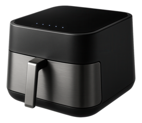 A low-profile air fryer with a sliding drawer, suitable for use on a crowded kitchen shelf.