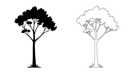 Tree Silhouette in Monochrome: A striking black and white silhouette of a tree. Its form, both the dark and outlined version, representing the essence of nature and its enduring strength.