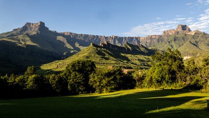 Early morning view of the Amphipheater, the famous mountain of the Drakensberg Mountains.
