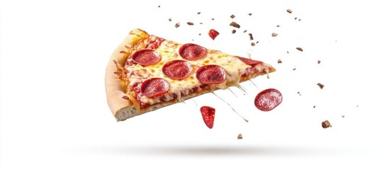 Floating Pizza Slice with Pepperoni and Dripping Cheese on a White Backdrop