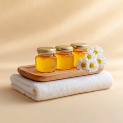 Honey jar arrangement on smooth wooden tray with chamomile flowers cozy kitchen setting aesthetic food photography