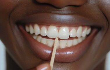 Smiling person using a toothpick to clean teeth.
