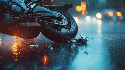 Motorcycle accident in the rain with blurred city lights background.