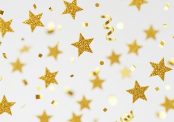 Fototapeta premium Sparkling golden stars and confetti scattered across a bright white background creating a festive celebratory atmosphere
