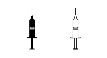 Syringe Icon Set: A simple yet versatile set of syringe icons, featuring both a filled black and an outlined version, perfect for medical or healthcare related designs.