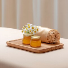 Serene spa experience with honey jars and chamomile flowers wooden tray display relaxing interior calm ambiance