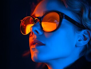 Vibrant portrait with colorful glasses and striking lighting effects.