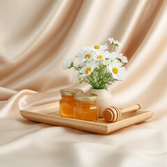 Honey jars and chamomile flowers on smooth wooden tray home decor soft lighting minimalist style