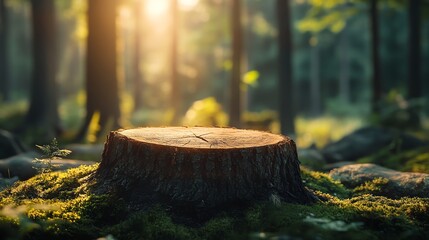 Wooden stump in a serene forest with sunlight filtering through trees.