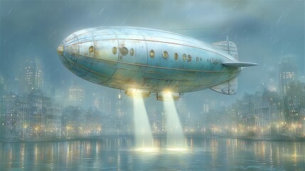 Naklejka premium Futuristic airship emitting beams of light while hovering above a quiet city at night, sci-fi concept with cinematic lighting, detailed metallic textures and realistic reflections