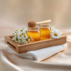Honey jars on smooth wooden tray with chamomile flowers cozy kitchen setting natural ingredients aesthetic food presentation