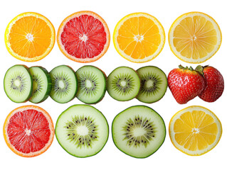 Obraz premium A colorful assortment of fruit including oranges, kiwis, and strawberries