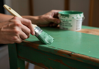 Close-up of brush painting green coat on vintage wooden table during a home project