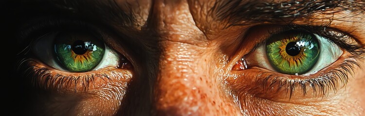 Intense close-up of striking green eyes with detailed textures.