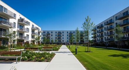 Fototapeta premium Modern Residential Complex with Green Courtyard Under Clear Blue Sky