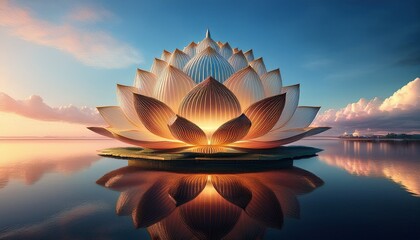 a large lotus flower structure rising from a body of water reflecting the flower and the sky above it