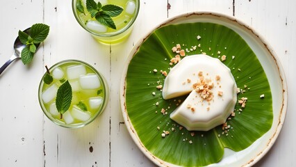 Coconut Tembleque Pudding and Mojito Cocktail, Cuban Dessert Sweet Menu