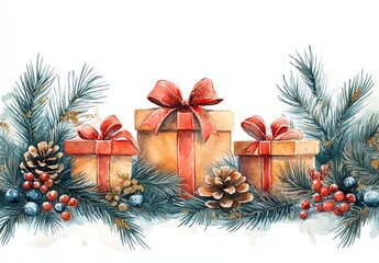 Festive gifts surrounded by holiday greenery and pine cones.