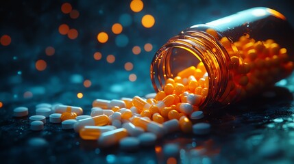 Spilled pills from a jar on a glowing surface.