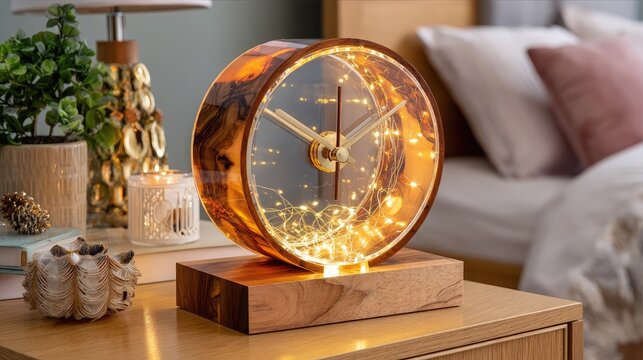 Circular glass-faced clock surrounded by soft fairy lights on a bedside table