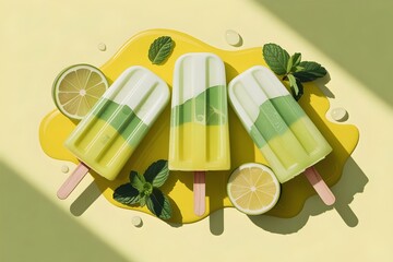 Fresh lime mint popsicles with natural ingredients on yellow background - summer refreshing frozen treats with citrus and herbs