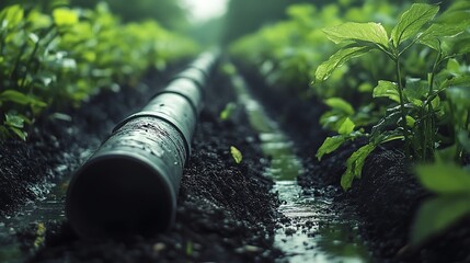 Irrigation system amidst green plants in a farm field.
