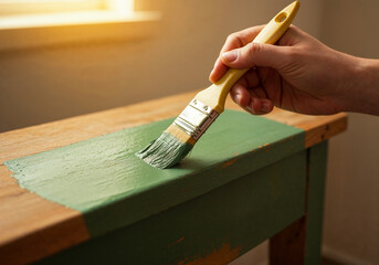 Close-up of brush painting green coat on vintage wooden table during a home project