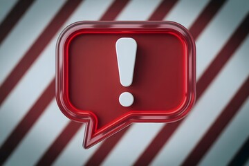 Red Speech Bubble with Exclamation Mark Warning Alert Icon on Striped Background - 3D Communication and Notification Symbol