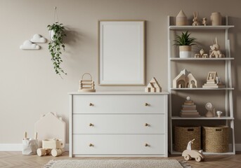 Cozy neutral nursery with white dresser and wooden toys