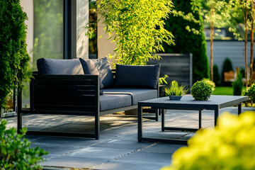 Fototapeta premium Modern house exterior, garden pathway and landscaping generative AI
