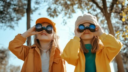 Two young girls wearing colorful jackets are exploring nature in an autumn park, using binoculars to observe the surrounding trees and wildlife, enjoying a fun outdoor adventure together