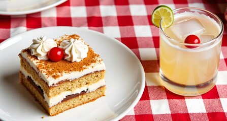 Tres Leches Sponge Cake with Cocoa, Cream, Cherry and Daiquiri Cocktail, Cuban Dessert Sweet Menu