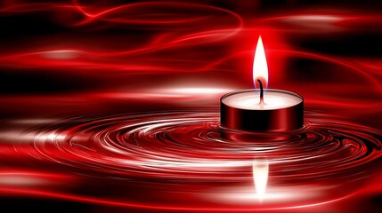 Lonely candle floating slowly across a lakeâ€™s surface as red moonlight gives the night an eerie, dreamlike feel