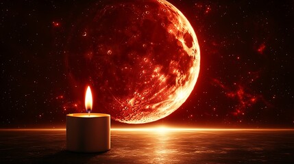 The glow of a red moon gently illuminates a lone candle on a placid lake, its flame dancing in the quiet