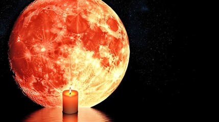 The deep red moon casts its glow over a peaceful lake where one candle drifts alone under a starlit sky