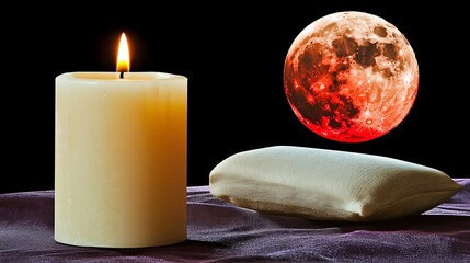 The pale flicker of a candle moves across shadowed water under the intense red glow of a low moon