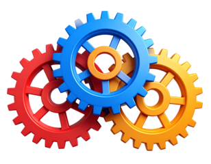 Set of Three Colored Cogwheels Red Blue Orange Isolated on Transparent Background PNG