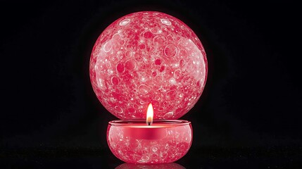 Moody nighttime setting featuring the subtle shimmer of a red moon reflected around a single floating candle
