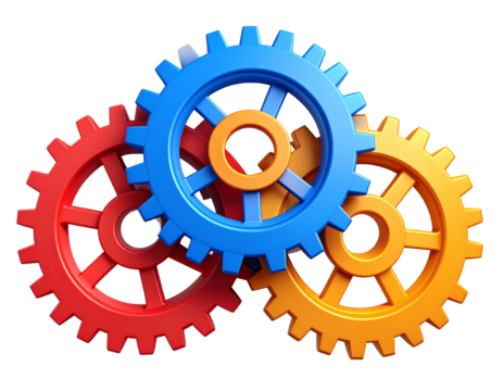 Set of Three Colored Cogwheels Red Blue Orange Isolated on Transparent Background PNG