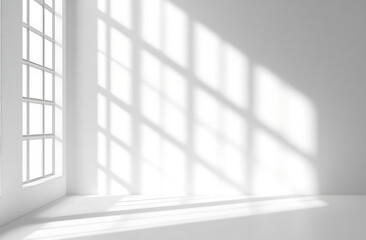 Abstract white wall with window light and shadow, empty room background.