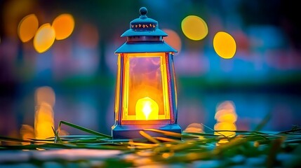 Single glowing lantern floating gently caught in green reeds by a calm riverbank at dusk