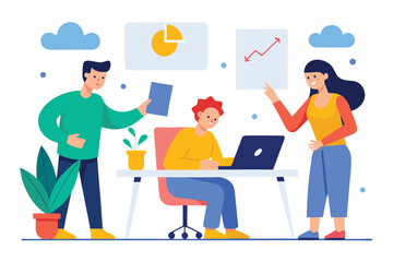 People collaborating in a modern office with charts and plants teamwork collaboration