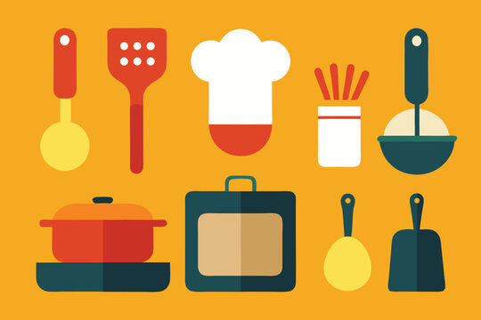 Red and yellow kitchen utensils and chef hat on orange background cooking spatula