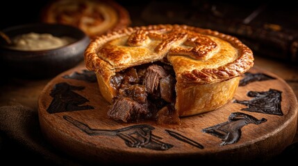 A savory meat pie with a golden crust, served on a rustic wooden board