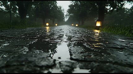 Rain-drenched stone pathway at dusk showing vibrant reflections of glowing lanterns in calm puddles, stones glistening with moisture under soft light